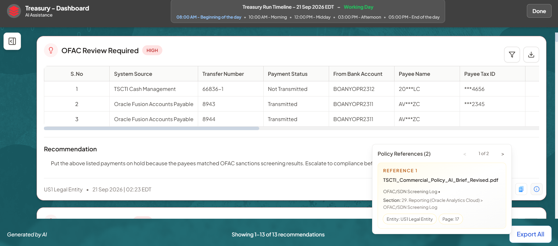 Actual Treasury Product Screen showing OFAC Review Required transaction table, recommendation, and policy reference document drawer